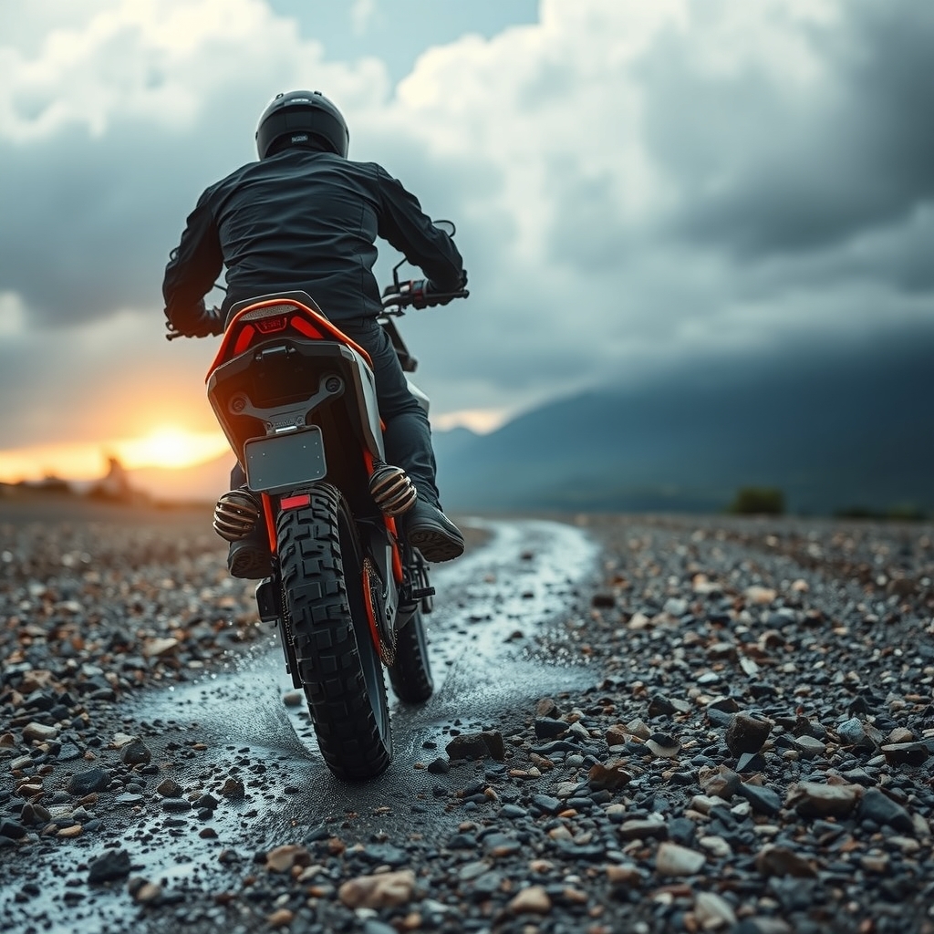Райдер на KTM 690 Rally едет по мокрому каменистому плато под грозовыми тучами
