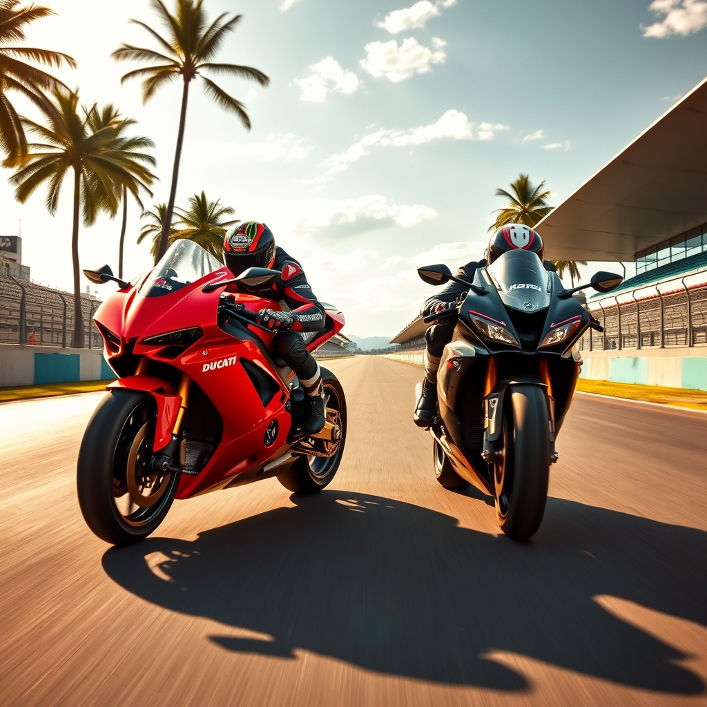 Два прототипа MotoGP, красный Ducati и чёрная Aprilia, бок о бок тормозят в конце прямой