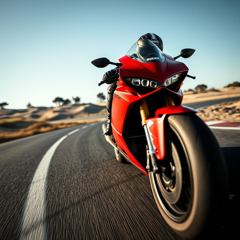 Красный супербайк Ducati Panigale V4 R на выходе из поворота гоночной трассы ясным осенним утром