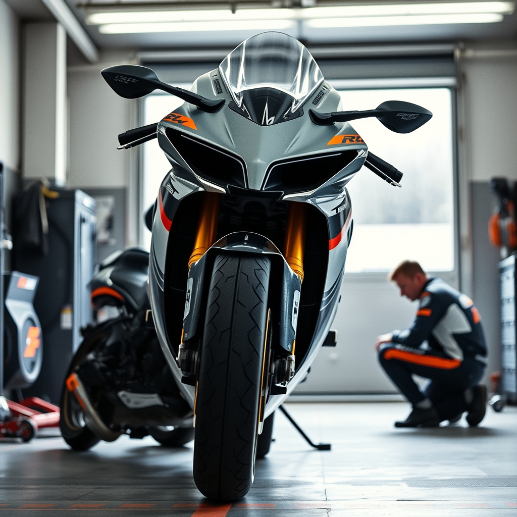 Камуфлированный прототип CFMoto V4 SR-RR с крыльями на обтекателе в боксе