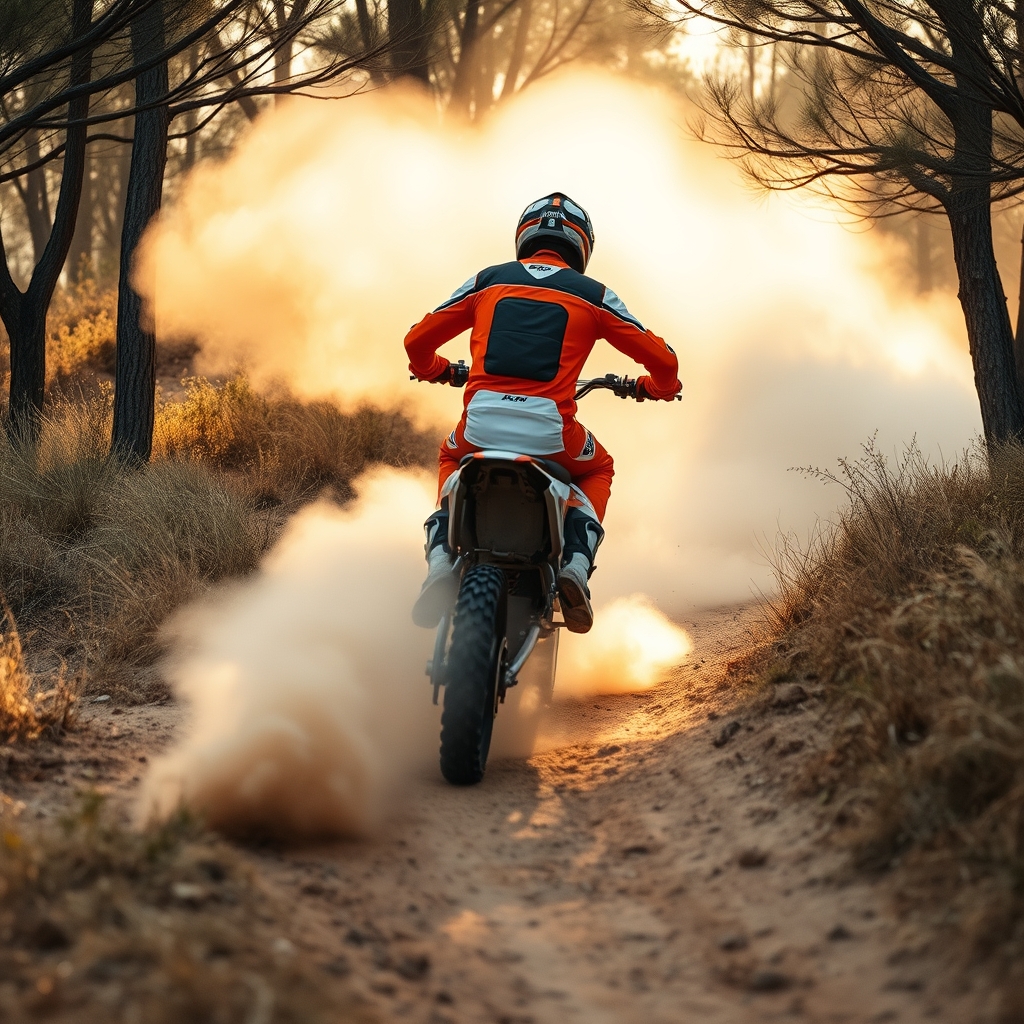 Эндурист на KTM в облаке пыли на лесной трассе в Алентежу
