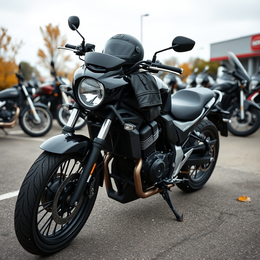 Чёрный круизер Honda на площадке дилера, на сиденье лежат куртка и шлем