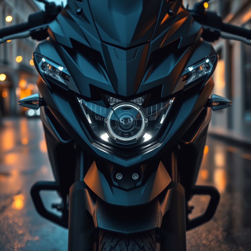 Передний обтекатель Kawasaki Versys 900 с датчиком радара на мокрой улице вечером